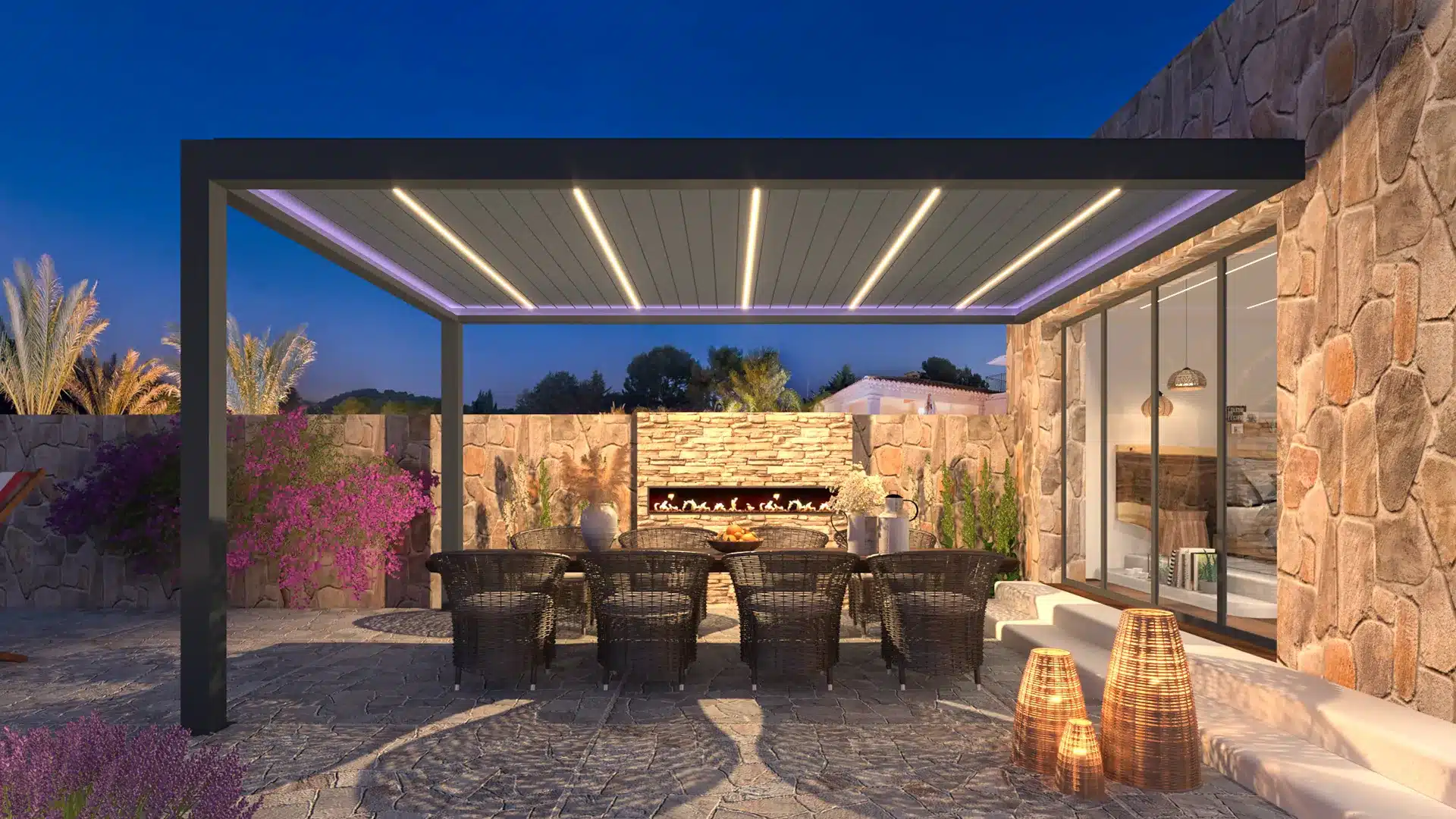 A motorized pergola with lighting