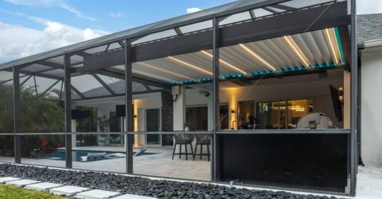 Cedar wood pergola with natural finish over an outdoor patio space.