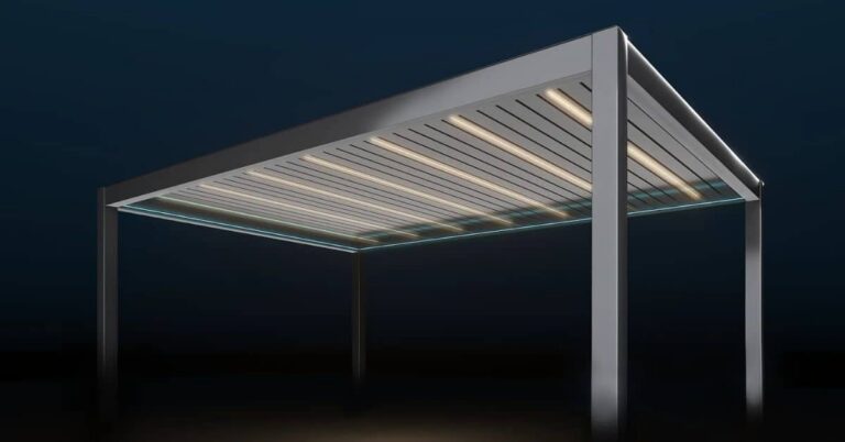 Modern louvered pergola with integrated lighting used for outdoor shade control