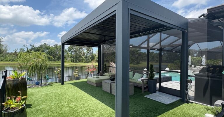 Freestanding aluminum pergola installed in residential backyard