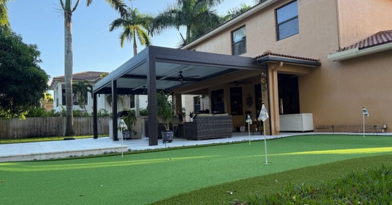 Wind resistant pergola installed in a residential backyard outdoor living space